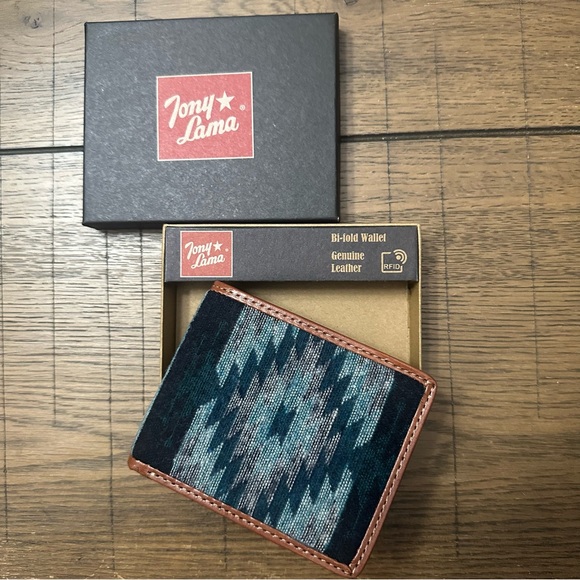 Tony Lama Bi-Fold Leather Wallet in Brown and Blue Aztec Southwestern Design